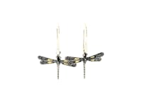 18k Yellow Gold and Sterling Silver Dragonfly Motif Drop Earrings