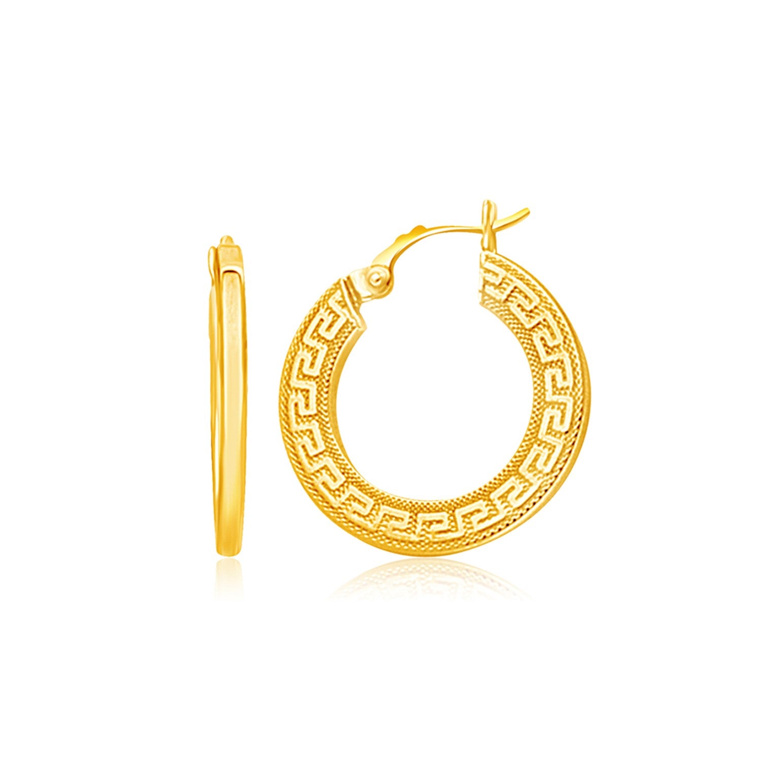 14k Yellow Gold Greek Key Medium Hoop Earrings with Flat Sides
