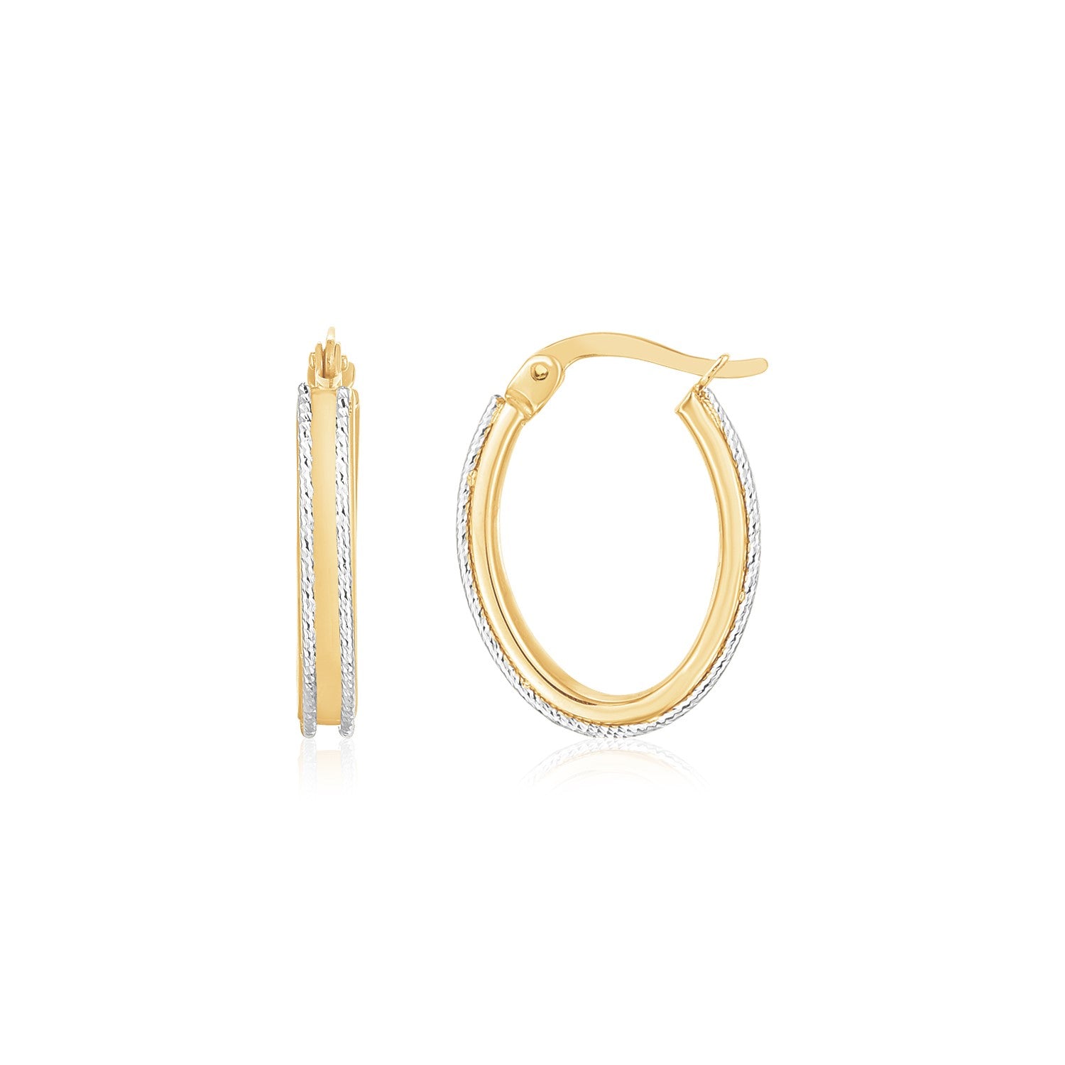 14K Two Tone Gold Diamond Cut Oval Hoop Earrings